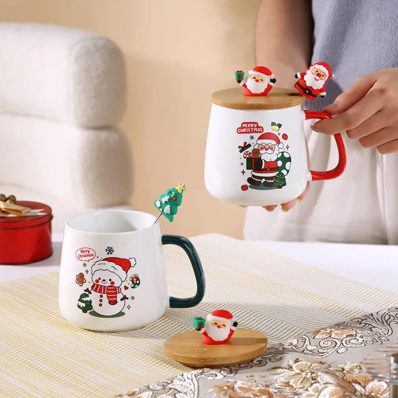 Tasse à café en céramique avec couvercle et cuillère, coffret cadeau de Noël