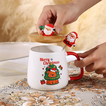 Tasse à café en céramique avec couvercle et cuillère, coffret cadeau de Noël