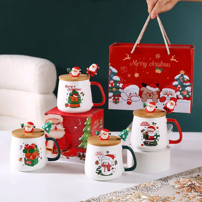 Tasse à café en céramique avec couvercle et cuillère, coffret cadeau de Noël