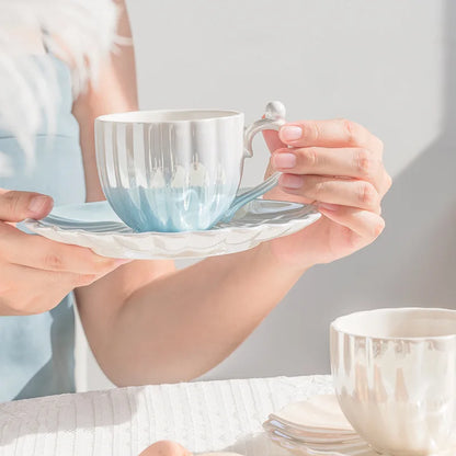 Ensemble tasse à café créative et assiette en céramique, coquillage de perle