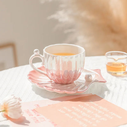 Ensemble tasse à café créative et assiette en céramique, coquillage de perle