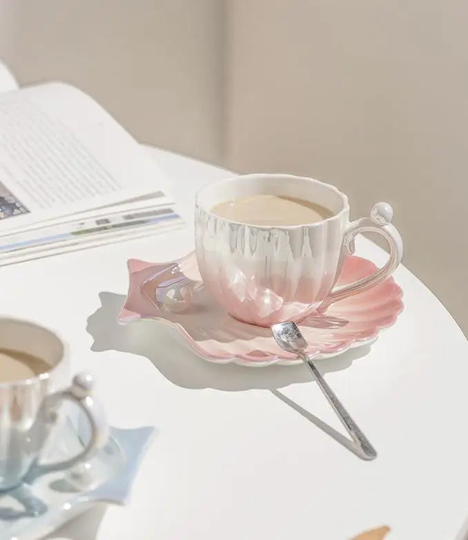 Ensemble tasse à café créative et assiette en céramique, coquillage de perle